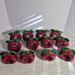 12 Vintage Ceramic Red Apple Napkin Rings, No Chips or Cracks